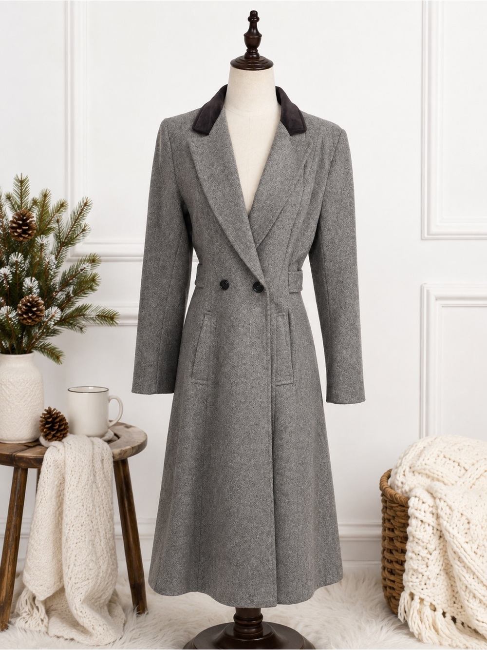 Vintage Junior Concept Grey Wool Overcoat Velvet Collar 70s ILGWU Petite XS